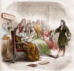 De schrijver Georges de Scudéry (1598-1667) tijdens een literaire salon georganiseerd door zijn zus, Madeleine de Scudéry, in 1650. Gravure uit 1860-1861.