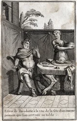 Theodorik de Grote (ca. 454/455-526), koning van de Goten, is bang bij het zien van het hoofd van een enorme vis die op zijn tafel wordt geserveerd. Gravure in 