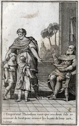 Theodosius I, Romeins keizer, wil dat zijn twee zonen, Arcadius en Honorius, opstaan om naar de lessen van hun leraar te luisteren. 4e eeuw. Gravure in 