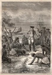 Derde reis (1776-1779) van Kapitein James Cook (1728-1779): Cook wordt verwelkomd door de inboorlingen (Hawaii) - illustratie uit 