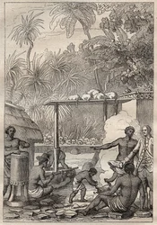 Derde reis (1776-1779) door Kapitein James Cook (1728-1779): mensenoffer in Tahiti - illustratie uit 