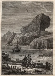 Derde reis (1776-1779) van Kapitein James Cook (1728-1779): de eilanden van Kerguelen (Kerguelen-archipel, Antarctica) - illustratie uit 