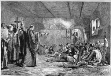 Thomas Becket sterft, 29 december 1170: de aartsbisschop van Canterbury, de heilige Thomas van Canterbury (1117-1170), ontmoet in zijn vertrekken zijn moordenaars, de ridders William of Tracy, Richard the Breton, Reginald Fitzurse, Hugues of Morville