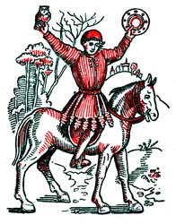 Tot de spion op een paard klimt en zijn fetisjvoorwerpen brandmerkt: een uil en een spiegel (gravure)