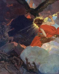 Titanomachia: voorstelling van Zeus zegevierend over de titanen (Titanomachia of Titanomachy: Zeus en de Olympiërs zegevierend over de titanen) Gravure uit "Mijn mooie mythologische verhalen" door HS Bres, begin 20e eeuw privécollectie
