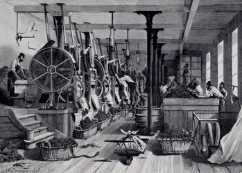 Tabaksfabriek, wasruimte en tabaksraspen. Gravure rond 1867. Parijs, Musee Carnavalet