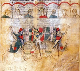 Toernooiscène naar het manuscript „Lancelot du Lac”, 13e eeuw. Biblioteca Nazionale Marciana, Venetië.