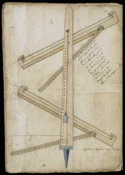 Torenmeetinstrument - Manuscript: perkamentblad van een ingenieurshandboek voor de bouw van civiele, religieuze en militaire gebouwen, anoniem, eind 15e eeuw (figuur in Chinese inkt)