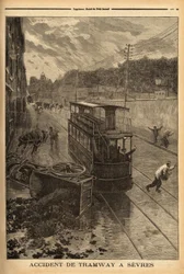Tramongeluk in Sevres, materiële schade maar geen gewonden. Gravure in 