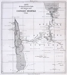 Reiskaart van Richard Francis Burton, Britse ontdekkingsreiziger (1821-1890) en Speke naar de Grote Meren van Oost-Afrika 1857-59 - in Tour du Monde