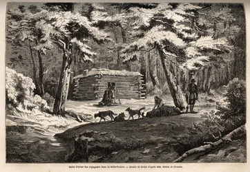 Winterhut van reizigers in de mooie weide (Canada), toevluchtsoord voor trappers en hun sleeën. Gravure ter illustratie van de reis van de Atlantische Oceaan naar de Stille Oceaan (route du nord ouest par les terres), in 1862-1864 door Burggraaf Milton en 