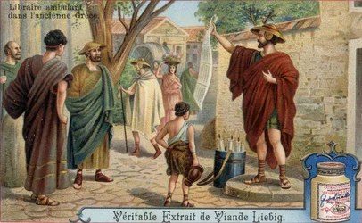 Reizende boekverkoper in het oude Griekenland. Chromolithografie, Liebig afbeelding.