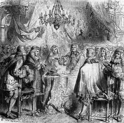 Verdrag van Aken. Ondertekend op 2 mei 1668 tussen Frankrijk en Spanje, beëindigde het de Devolutieoorlog en gaf Vlaanderen aan Frankrijk. Gravure uit 1866.