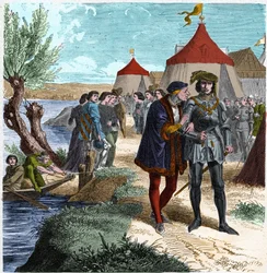 Verdrag van Conflans op 5/10/1465 tussen de koning van Frankrijk Lodewijk XI en Karel de Stoute, waarmee een einde komt aan de opstand van edelen of de Liga van het Openbaar Goed. Gravure in 