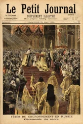 Tsaar Nicolaas II (1868-1918), in de Kathedraal van de Ontslapenis (Moskou), kroont zijn vrouw, Alexandra Fedorovna (1872-1918)