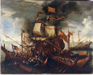 Turkse galeien naderen een Venetiaans schip. 17e-eeuws schilderij.