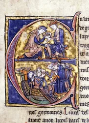 Twee koningen van Bretagne: Bans de Berroye (vader van Lancelot) en Boorz de Gaune. Manuscript: Verovering van de Heilige Graal, geschreven 717 jaar na de passie van onze heer. Bibliotheque municipale de Rennes, ms. 255 (Collectie van romans van de Ronde T