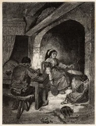 Een herberghaard in Saint Cernin, gravure ter illustratie van een reis naar de vulkanen van centraal Frankrijk in 1864, in 
