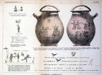 Diverse illustraties en inscripties achtergelaten door criminelen op keramische vazen: studie door Cesare Lombroso (1835-1909), Italiaanse criminoloog in 