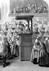 Eerste Vaticaans Concilie. De secretaris van het Concilie verkondigt de geloofsconstitutie. 1870