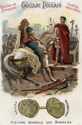 Vercingetorix (72-46 v.Chr.), leider van de Gallische opstand, legt de wapens neer aan de voeten van Caesar (100-44 v.Chr.), na definitief de stad Alesia te hebben verloren - In Algemene Geschiedenis van Munten - Chocolade-Foal Chromolithografie van de lat