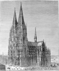 Uitzicht op de Dom van Keulen. 19e-eeuwse gravure.
