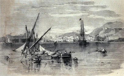 Uitzicht op Corfu in Griekenland vanaf het eiland Vido. Gravure van het begin van de 19e eeuw