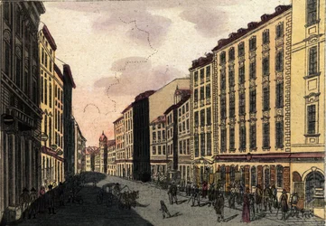 Uitzicht op Kohlmarktstraat in Wenen, Oostenrijk. Gravure uit 1820