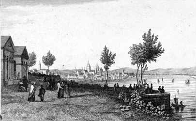 Uitzicht op Mainz in Duitsland en de Rijn rond 1830