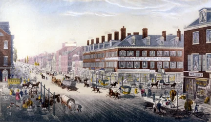 Gezicht op New York: Broadway. Gravure uit 1840.