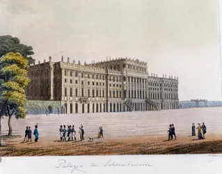 Uitzicht op het paleis van Schönbrunn in Wenen, Oostenrijk. Gravure uit 1826