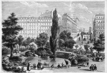 Uitzicht op Square Montholon en de brug van Rue Bellefond in Parijs in het 9e arrondissement. Gravure in 