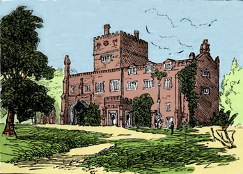 Uitzicht op de abdij van Tavistock, residentie van Francis Drake (1540-1596), kaper en Britse ontdekkingsreiziger. Illustratie uit de 19e eeuw.