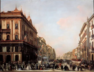 Zicht op de Venezia straat met carnavalswagen, Milaan