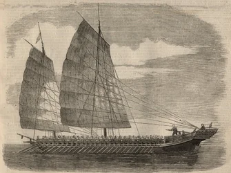 Zicht op een Chinees piratenschip in Canton. Gravure in 