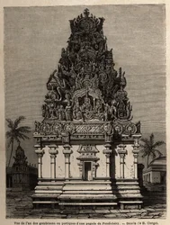 Zicht op een van de gombroons of portieken van een Pondichery-pagode (Pondicherry) (India). Gravure ter illustratie van een expeditie naar de pagode van Chillambaran (Coromandelkust), van 1838 tot 1844, door de viceadmiraal Paris, directeur van het depot d
