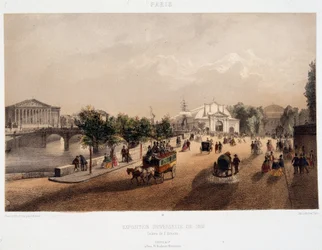 Uitzicht op de Wereldtentoonstelling van 1855 in Parijs, Frankrijk - Lithografie