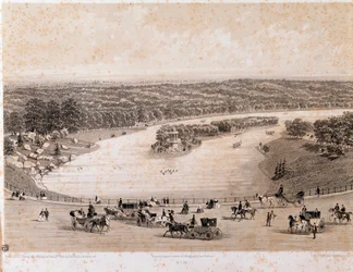 Uitzicht op het Bois de Boulogne in Parijs. Lithografie uit 1850. Privécollectie