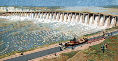 Uitzicht op het Dnjepr waterkrachtstation of de Dneprostroi Dam, gebouwd om de Sovjet industrialisatie te stimuleren door Iosef Stalin in 1932 Chromolithografie