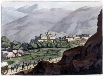 Uitzicht op de Escorial, paleis en klooster van Spanje, gebouwd onder Filips II tussen 1563 en 1584. Lithografie uit de 19e eeuw