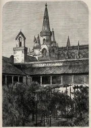 Uitzicht op het klooster van Bathala in Portugal. Gravure in 