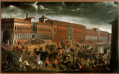 Zicht op het Ospedale Maggiore (Groot Ziekenhuis) op de dag van het Feest van Vergeving in Milaan. Tegenwoordig is het de Staatsuniversiteit. Het plein is levendig met verkopers, lokale bewoners, bedelaars, dieven en religieuze processies. Anoniem schilder