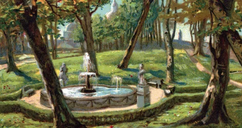 Gezicht op de tuinen van Vaticaanstad, Rome, Italië (View of the Vatican Gardens, Italy) Chromolithografie uit de jaren 1930 Privécollectie