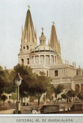 Uitzicht op de kathedraal van Guadalajara in Mexico-Stad, Mexico. Chromolithografie van de 19e eeuw