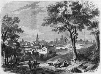 Uitzicht op de stad Bologna in Italië in 1860.