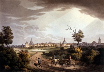 Uitzicht op de stad Leipzig in Duitsland. Lithografie van rond 1820.