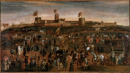 Zicht op de stad Milaan, het kasteel van de Sforza en het verkeer van de koetsen