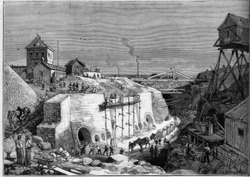 Uitzicht op de bouwplaats van de drinkwatertanks van Villejuif. Gravure in 