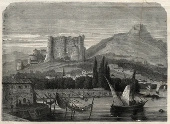 Uitzicht op de forten van La Spezia in Italië. Gravure in 