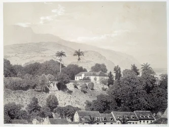 Uitzicht op de huizen genomen vanaf Boulevard de la Comedie in Saint Pierre in Martinique in de Antillen. Afdruk naar foto uit het einde van de 19e eeuw